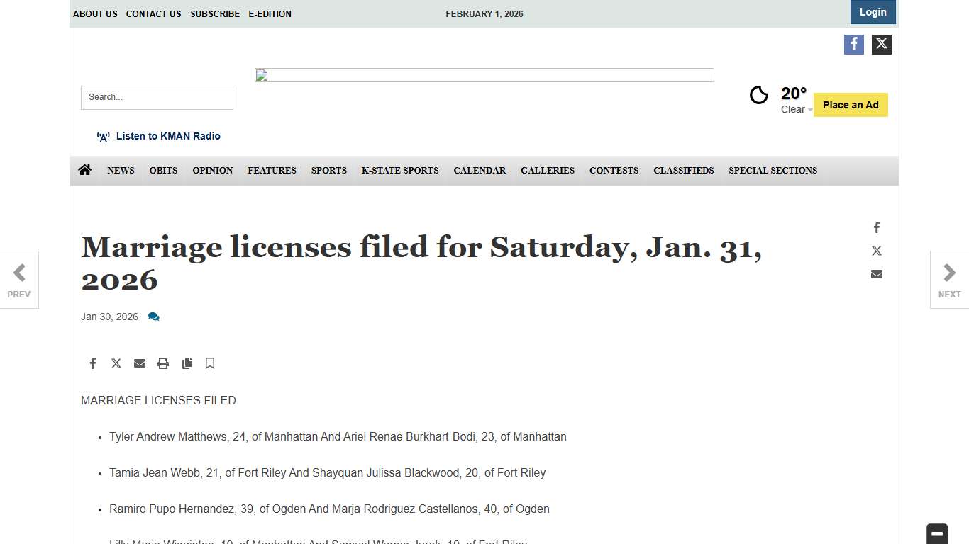 Marriage licenses filed for Saturday, Jan. 31, 2026 News themercury.com